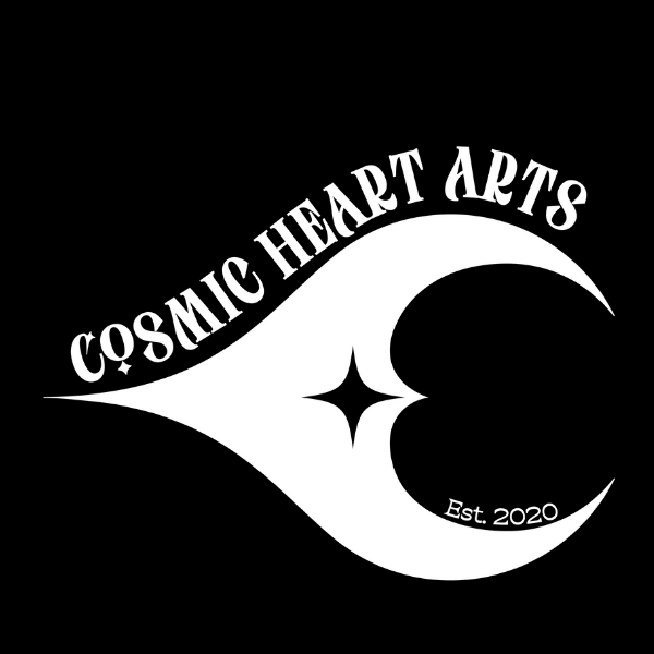 White graphic logo reading 'COSMIC HEART ARTS' with a stylized heart shape and 'Est. 2020' on a black background.