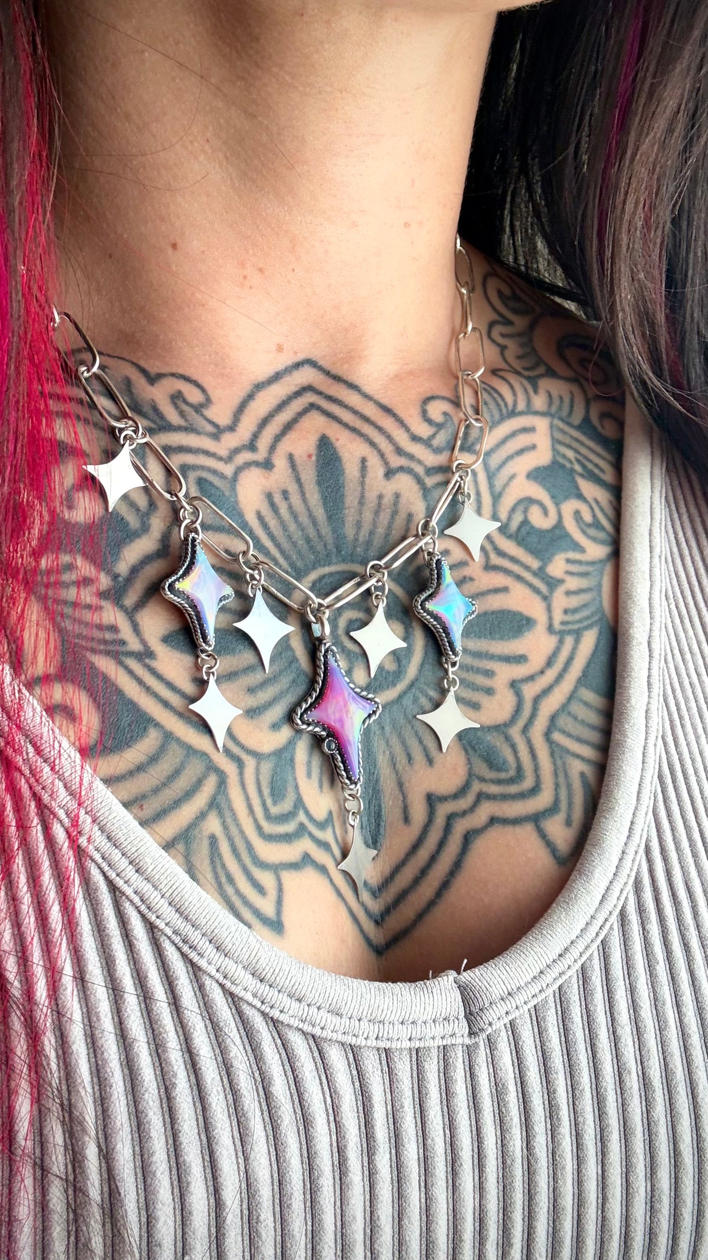 Aurora Constellation Necklace — Handmade Sterling Silver Opal Star Statement Necklace