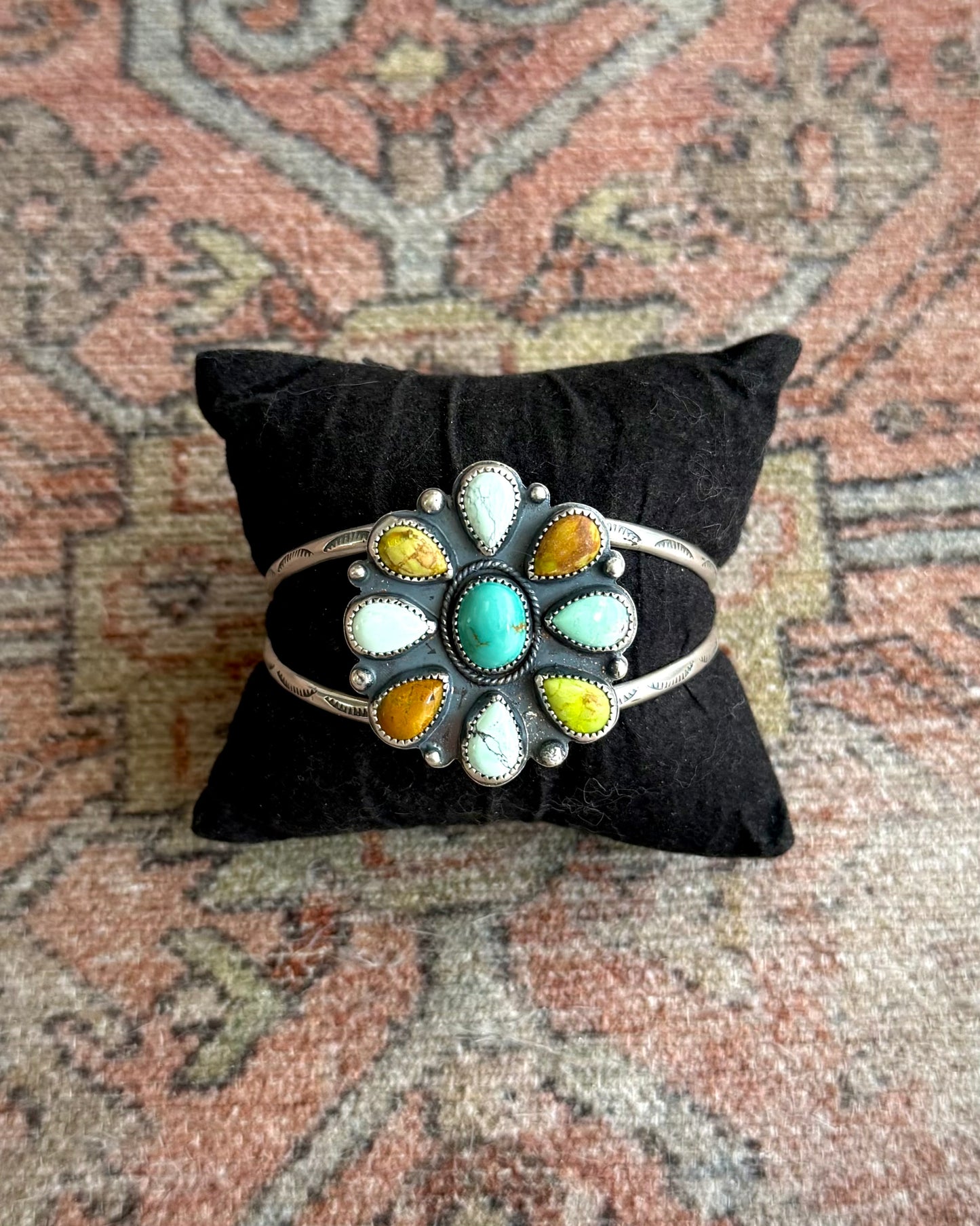 Turquoise & Variscite Cluster Cuff Bracelet – Sterling Silver Statement Cuff