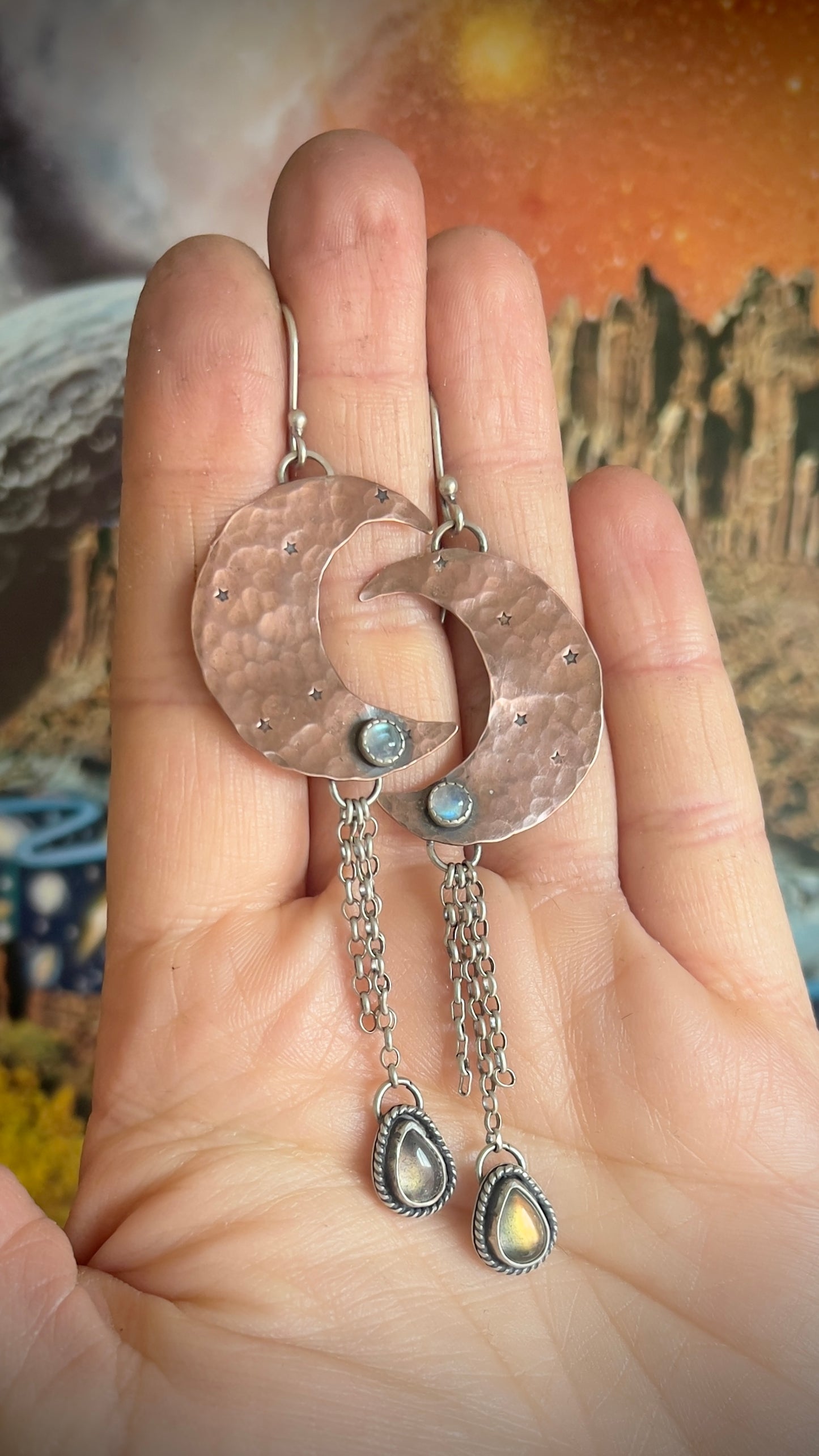 Cosmic Moons - Moonstone & Labradorite Dangle Earrings