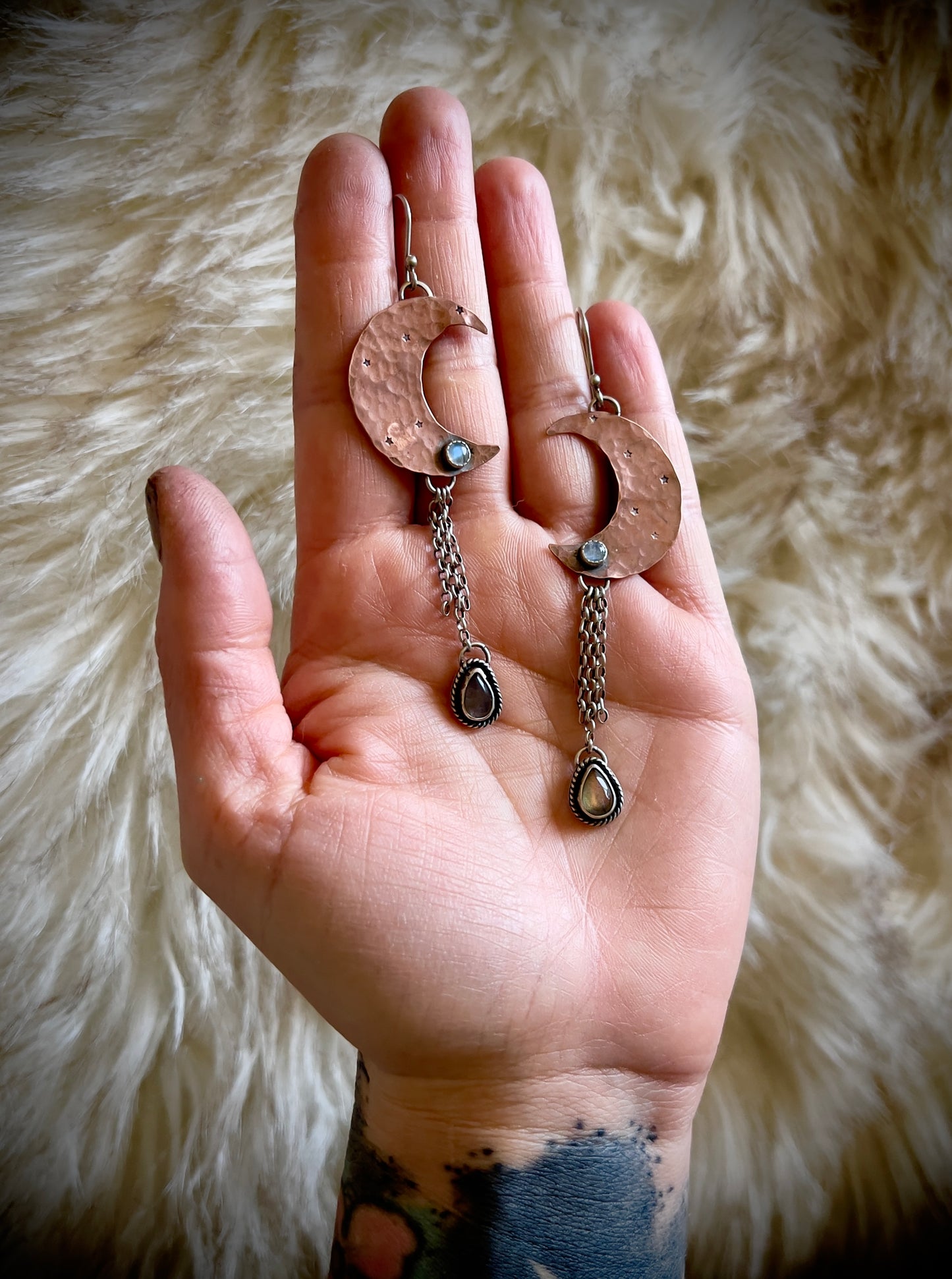 Cosmic Moons - Moonstone & Labradorite Dangle Earrings