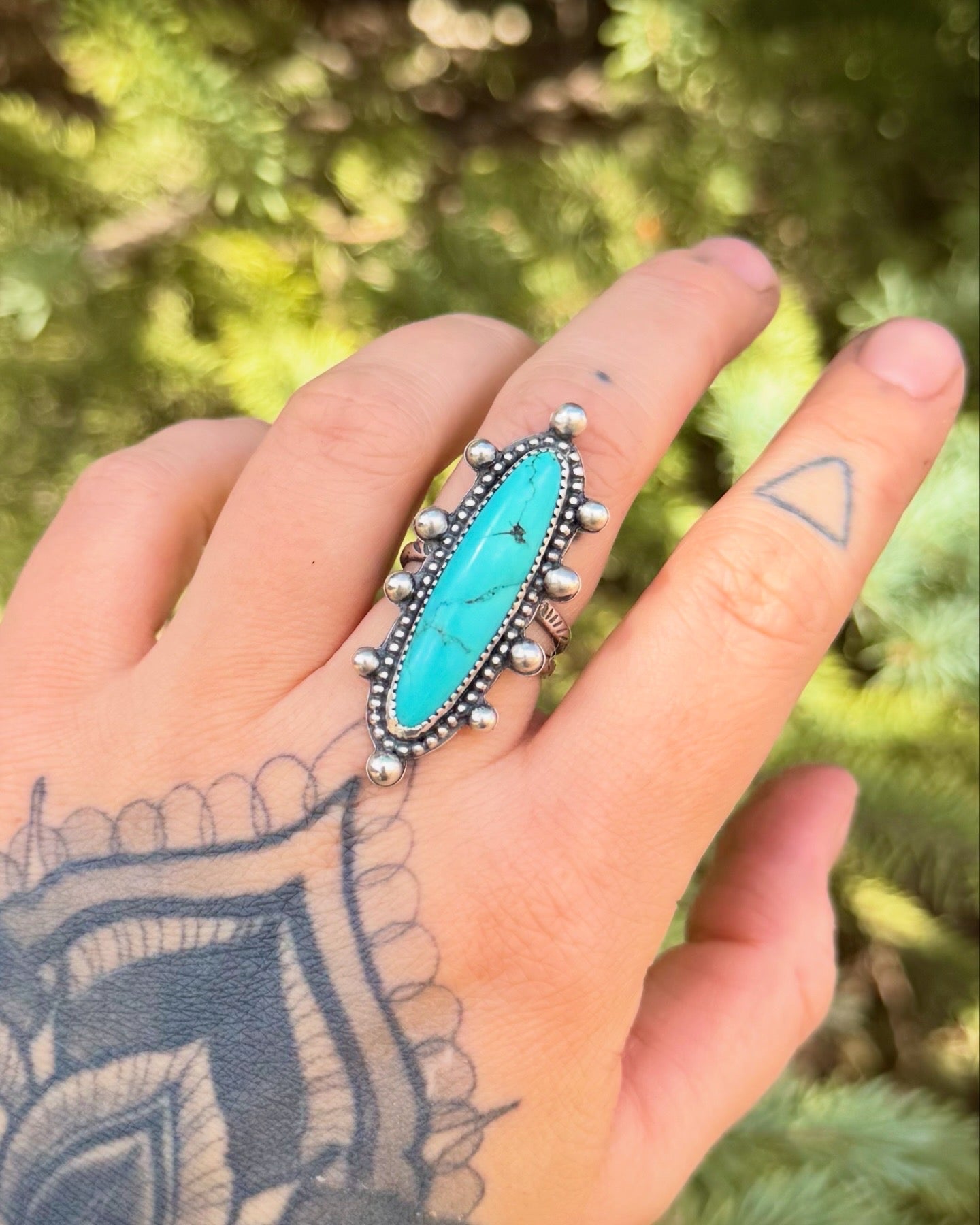 Turquoise Statement Ring – Size 8 – Handmade Sterling Silver Split Band