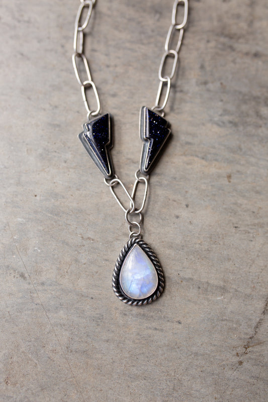 Blue Goldstone & Rainbow Moonstone 18" adjustable Chain Necklace
