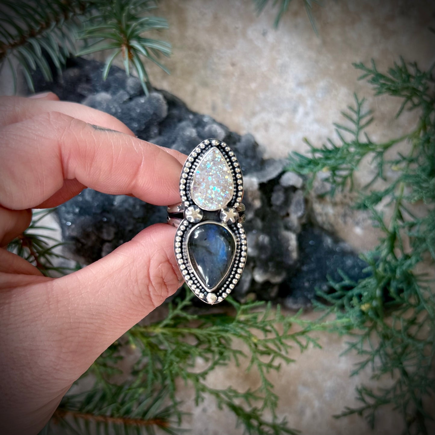 Crystal Druzy & Labradorite Statement Ring | Size 9