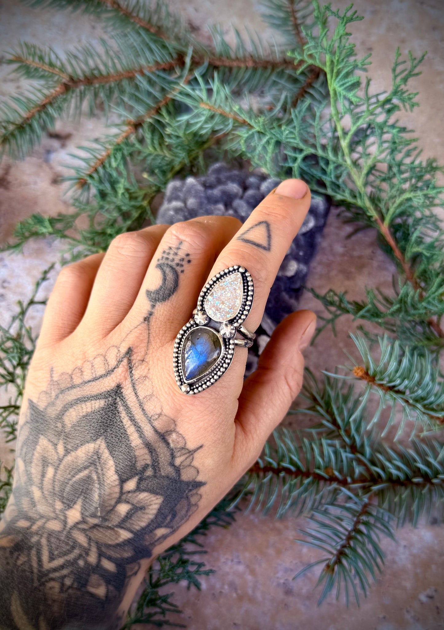 Crystal Druzy & Labradorite Statement Ring | Size 9