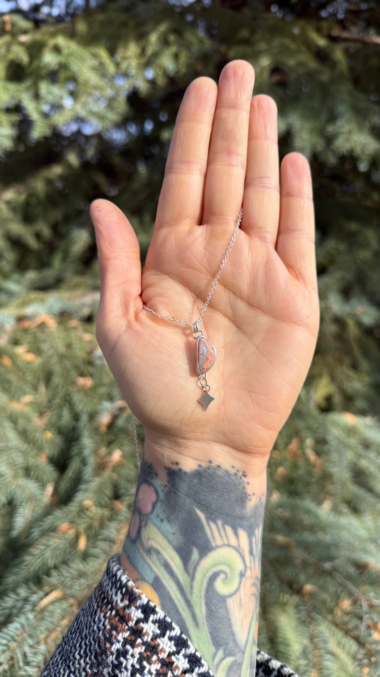 Fire Opal Half Moon Charm Necklace — Sterling Silver (18”)