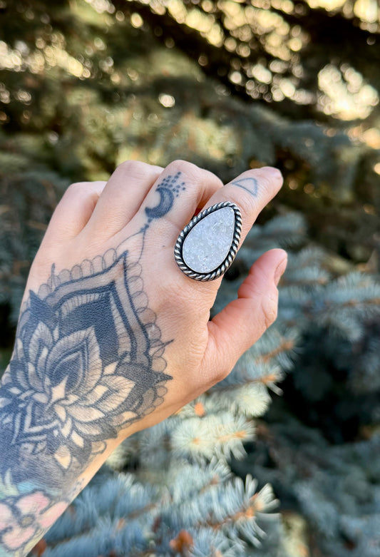 Frostveil | Siberian Crystal Cave Druzy Sterling Silver Ring | Size 9