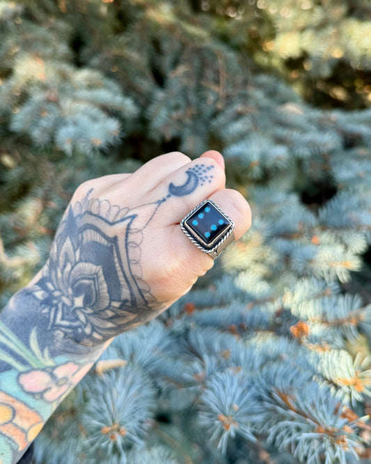 Dice No. 6 | Jet & Turquoise Inlay Ring (Size 9.5)