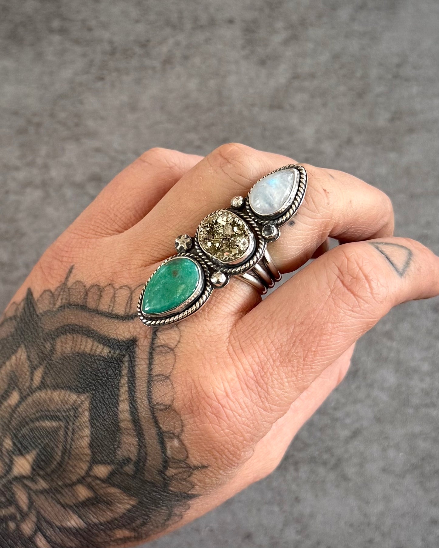 Rainbow Moonstone, Pyrite & Turquoise Statement Ring — Size7.5
