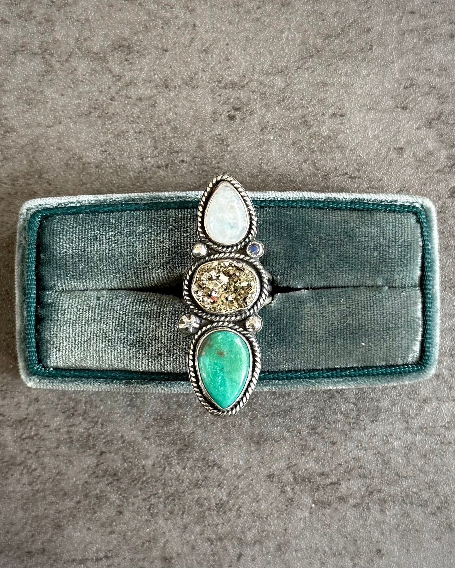 Rainbow Moonstone, Pyrite & Turquoise Statement Ring — Size7.5