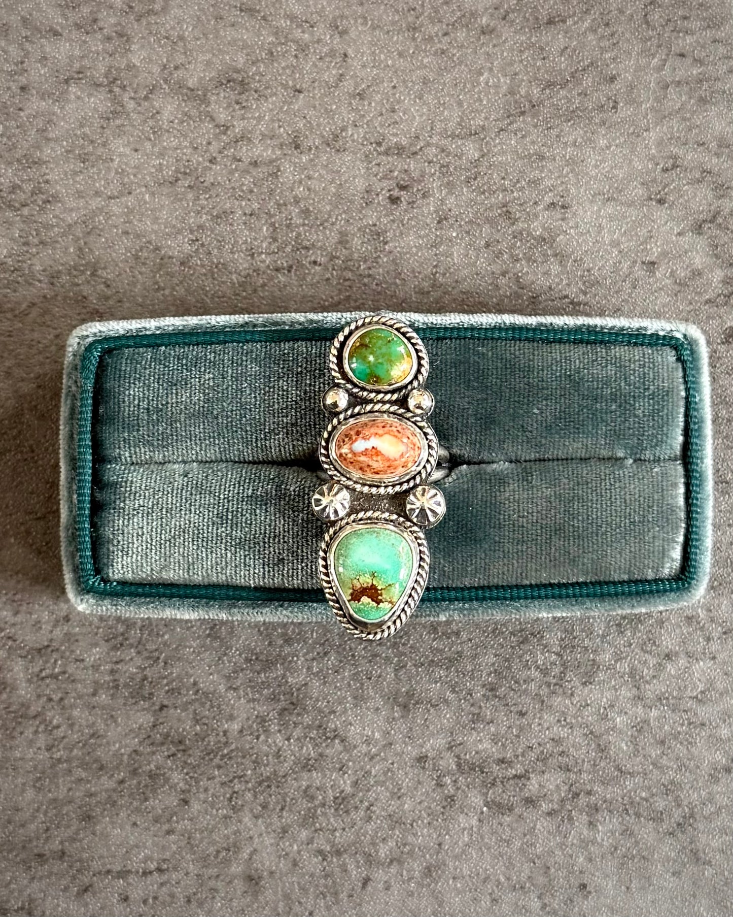 Golden Hills Turquoise & Mexican Fire Opal Statement Ring — Size 7