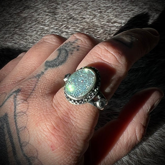 Clear Topaz & Quartz Druzy Ring | Size 8.75