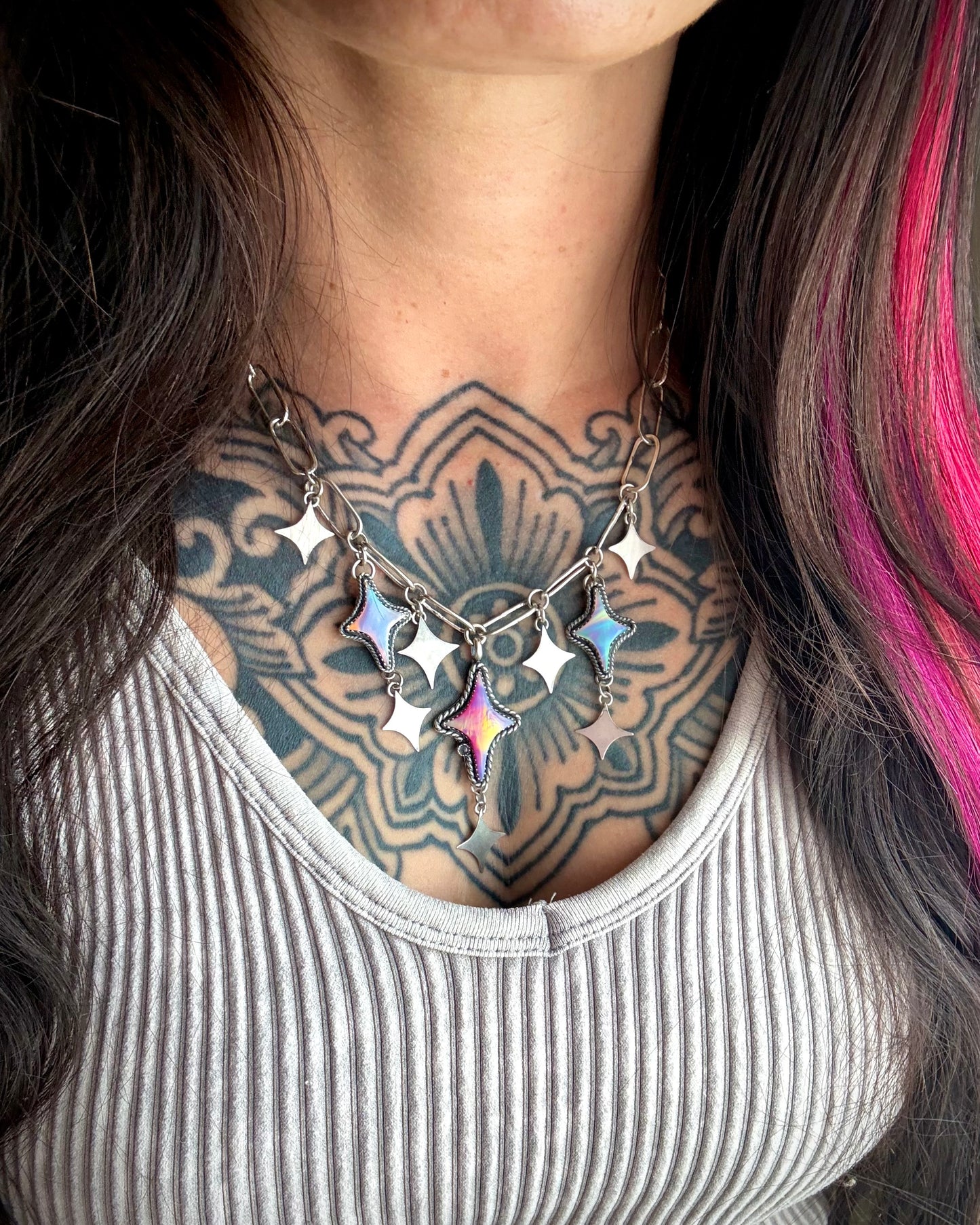 Aurora Constellation Necklace — Handmade Sterling Silver Opal Star Statement Necklace