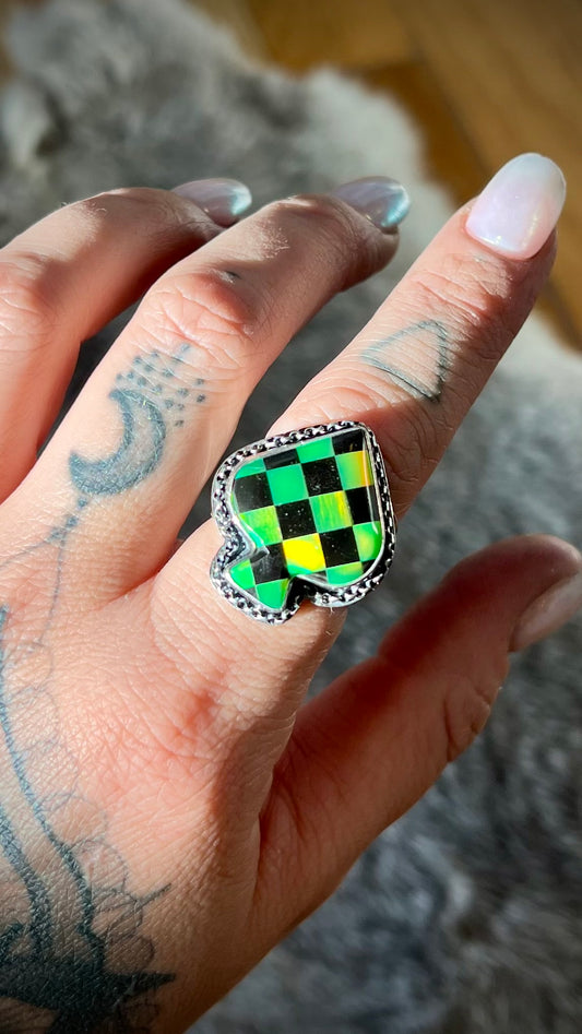 Aurora Opal Checkered Spade Ring | Size 8