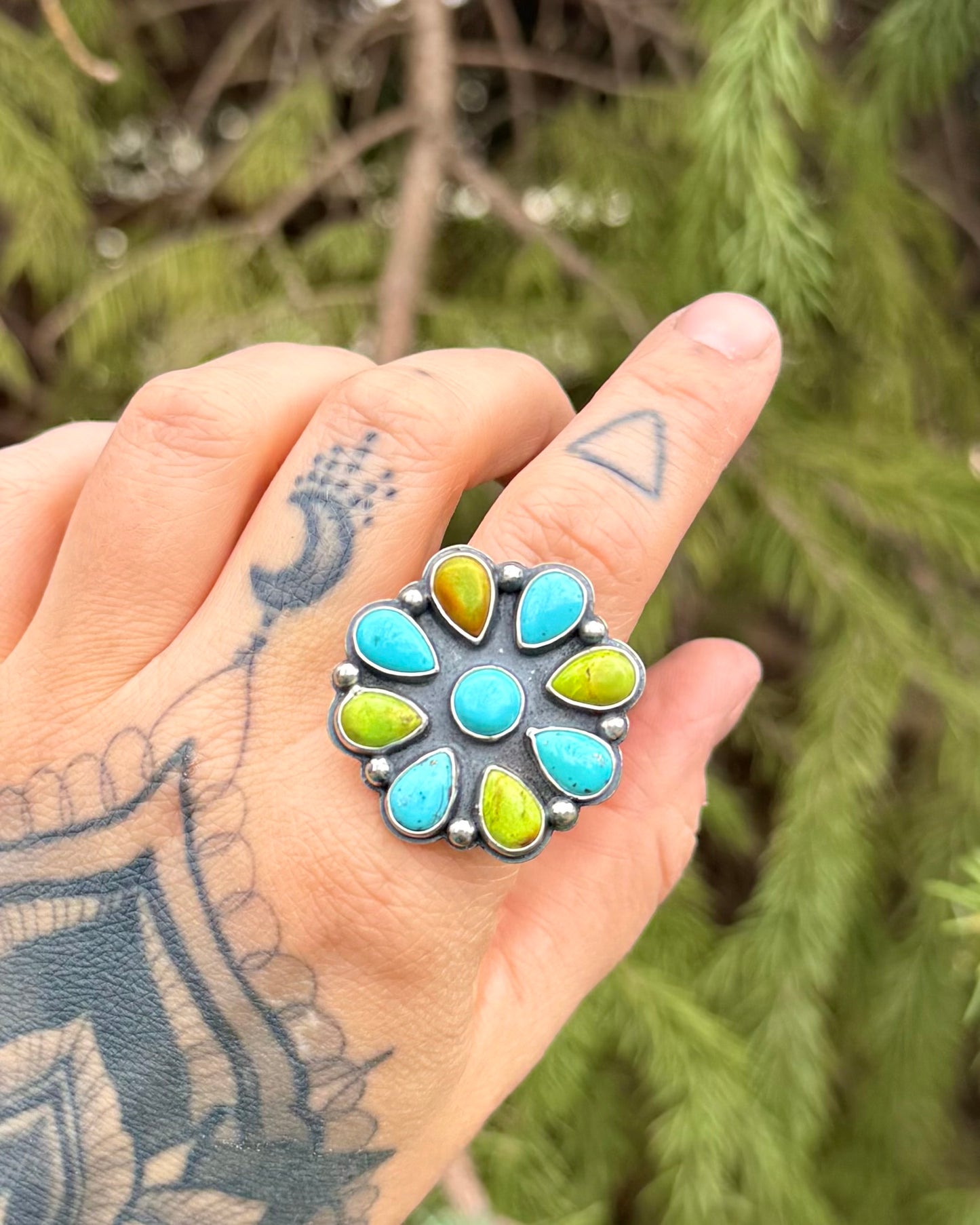 Turquoise & Variscite Cluster Ring – Size 9.5 – Handmade Sterling Silver Statement Ring