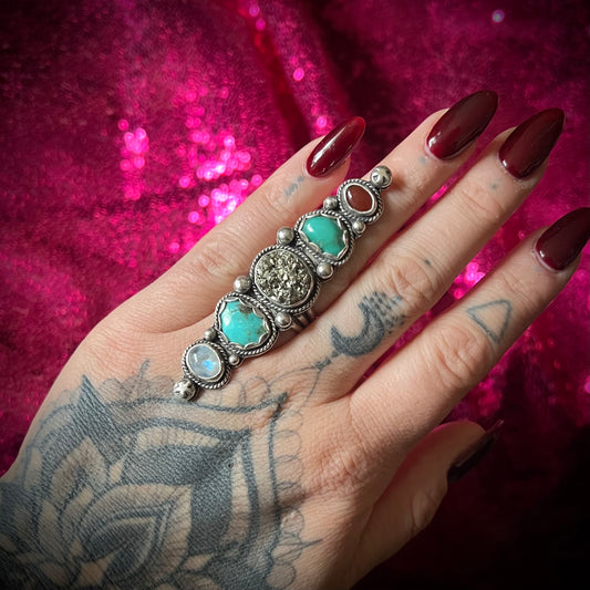 Agate, Campitos Turquoise, Moonstone, & Pyrite Statement Ring | 6.5