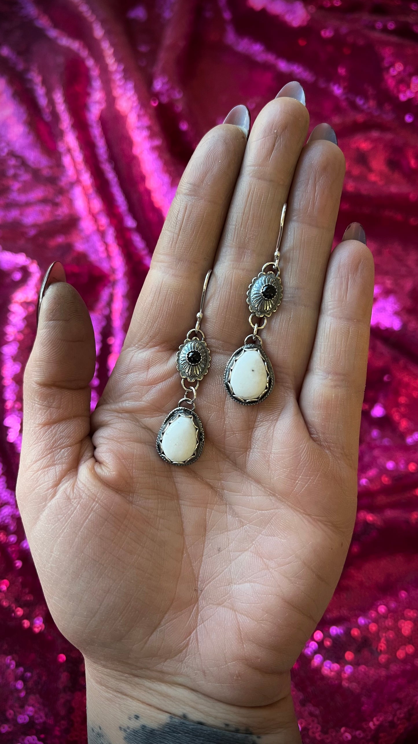 White Buffalo Turquoise & Onyx Dangle Earrings