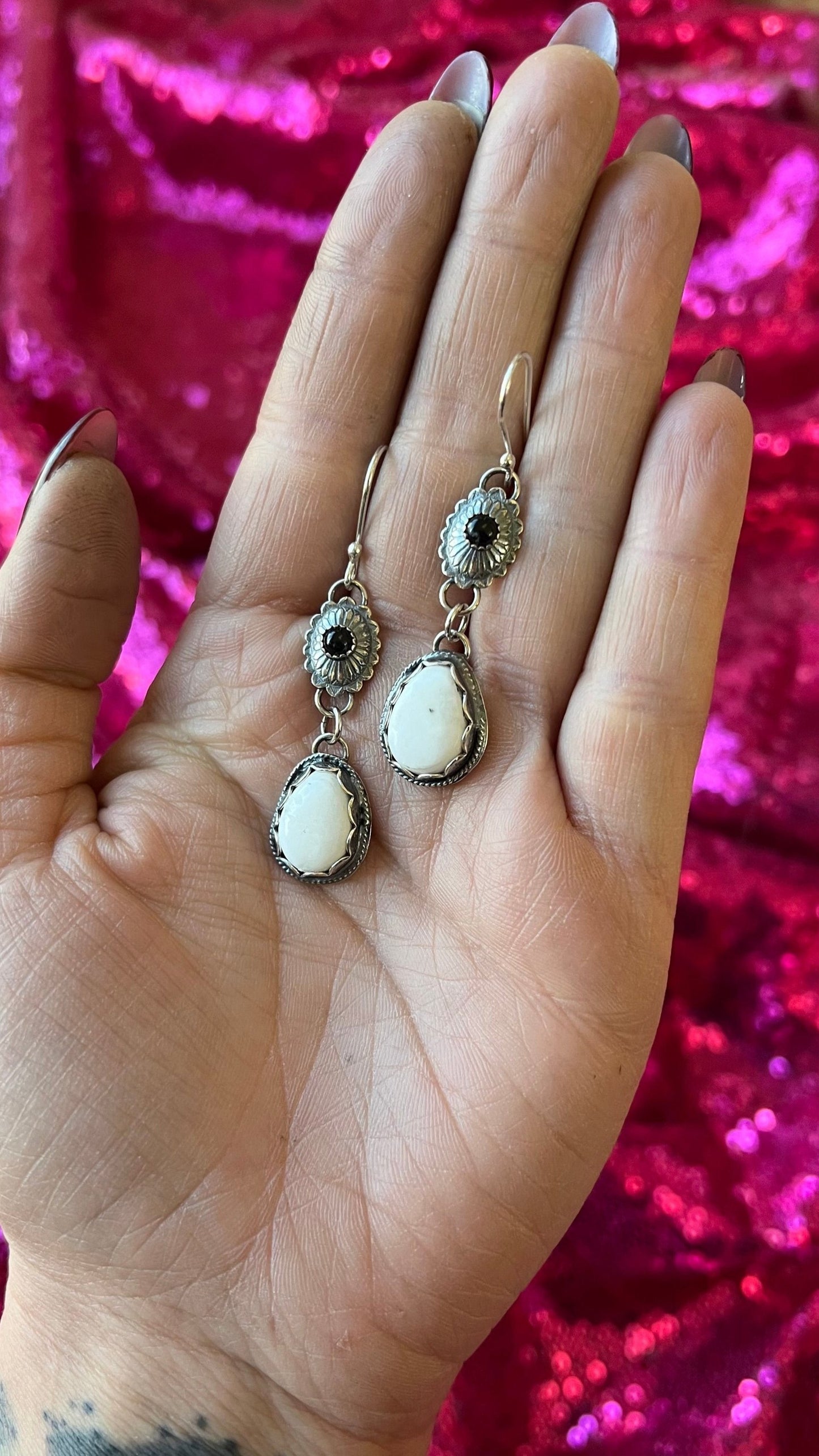 White Buffalo Turquoise & Onyx Dangle Earrings