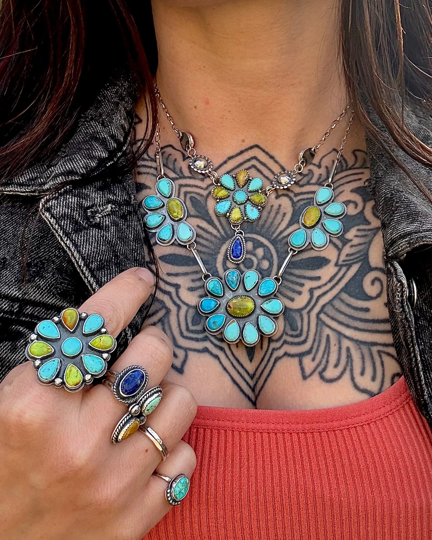 Turquoise & Variscite Cluster Ring – Size 9.5 – Handmade Sterling Silver Statement Ring