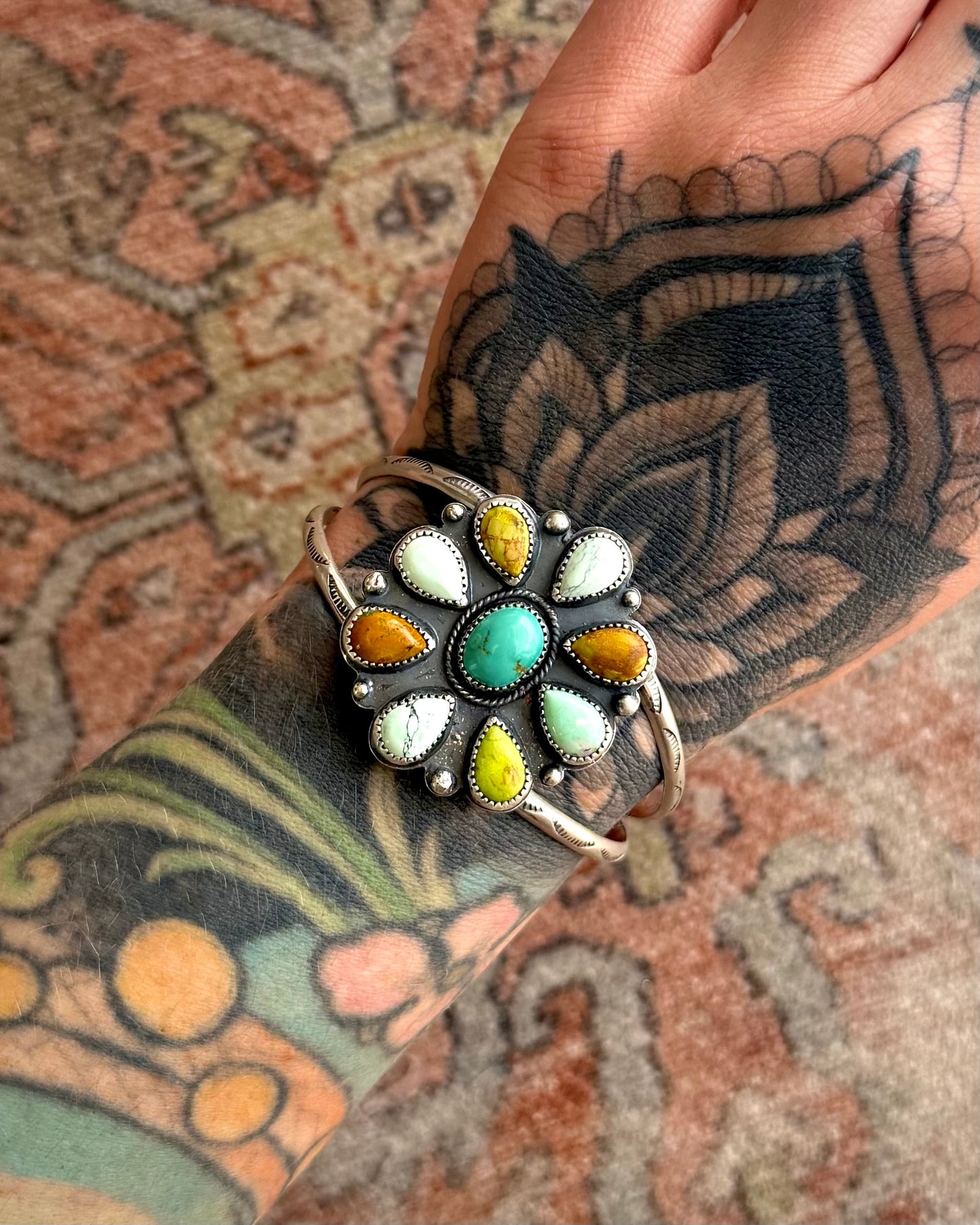 Turquoise & Variscite Cluster Cuff Bracelet – Sterling Silver Statement Cuff