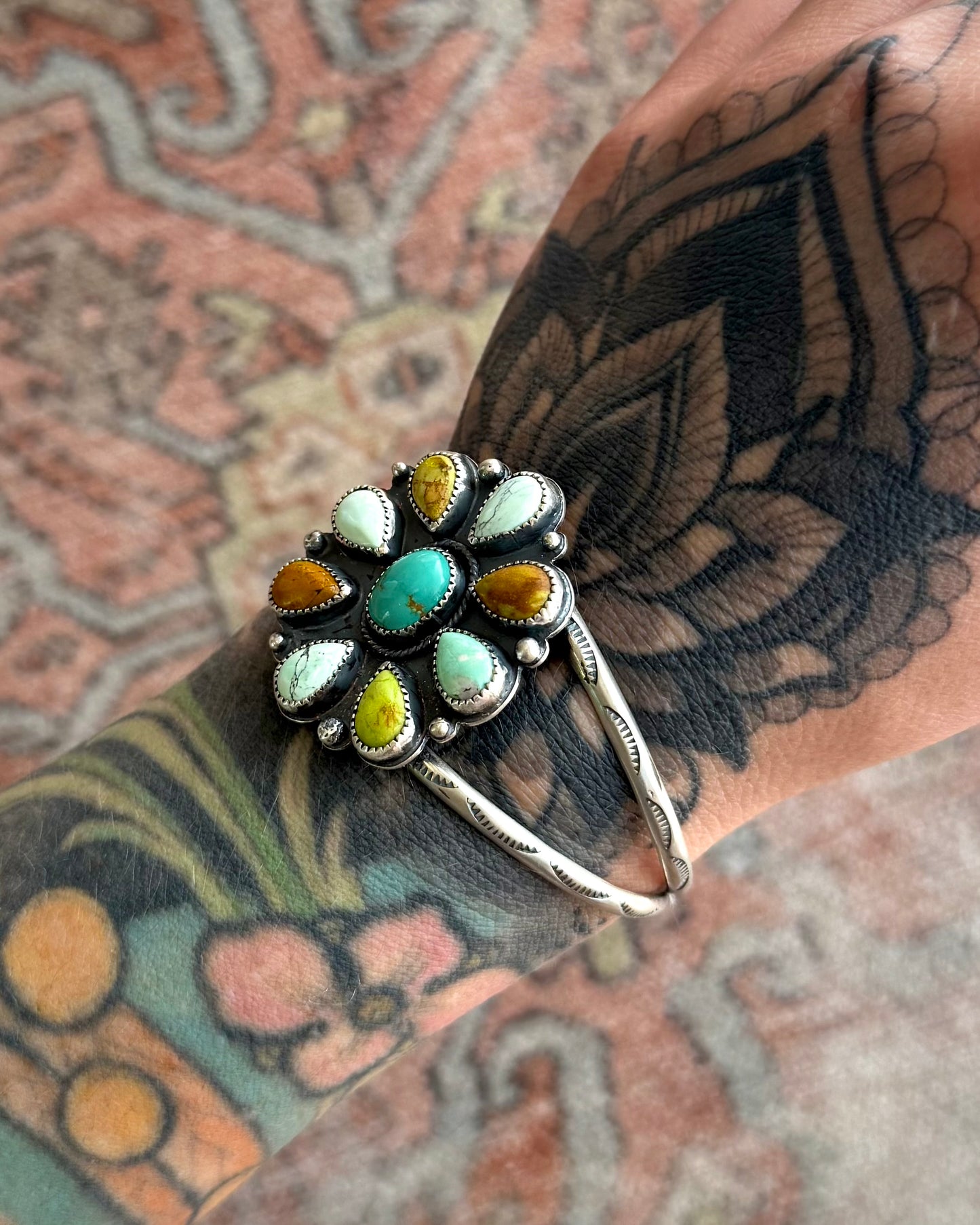 Turquoise & Variscite Cluster Cuff Bracelet – Sterling Silver Statement Cuff