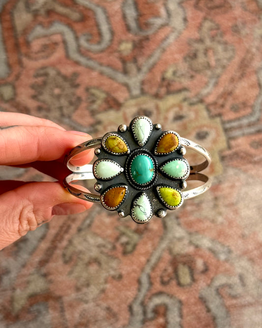 Turquoise & Variscite Cluster Cuff Bracelet – Sterling Silver Statement Cuff
