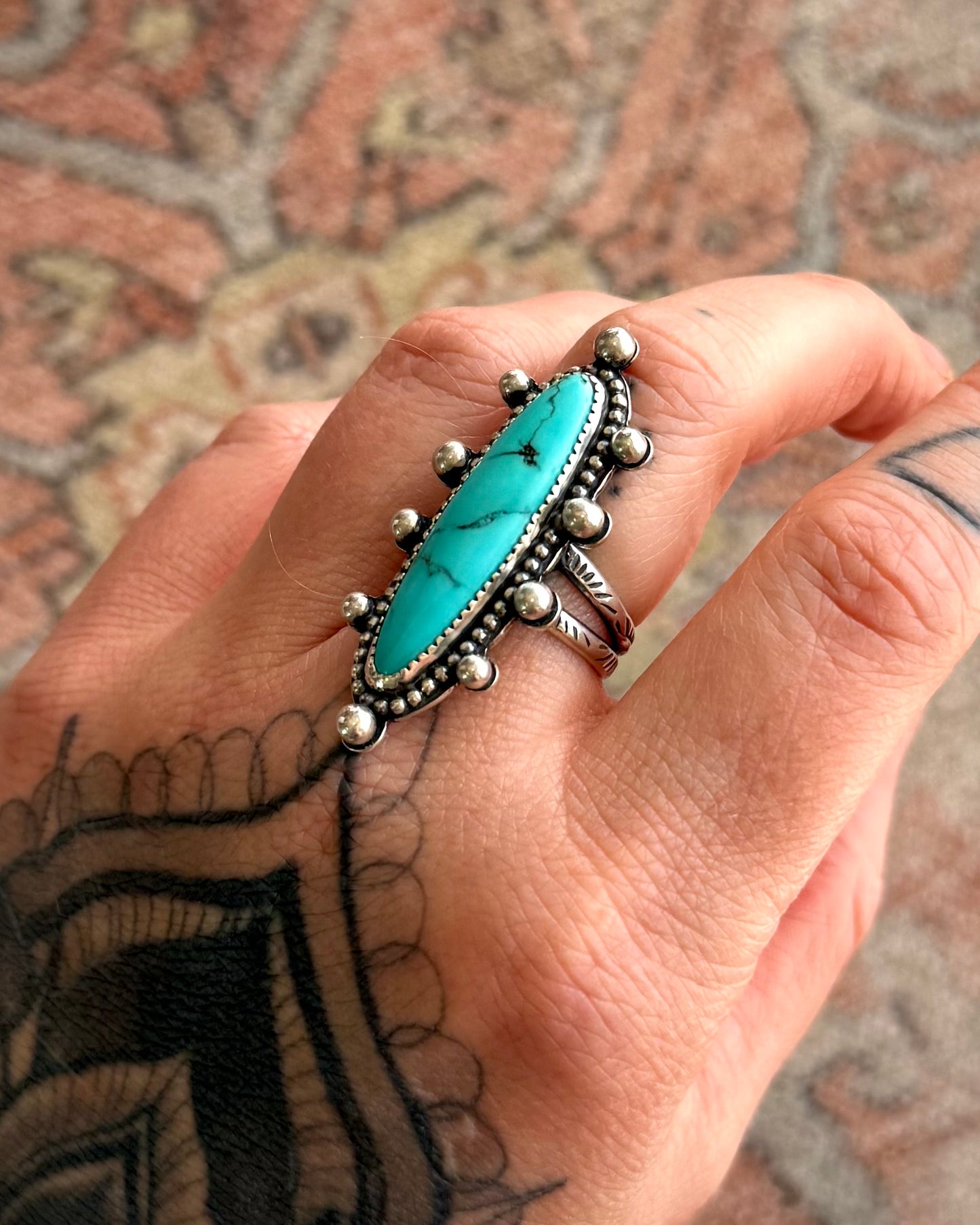 Turquoise Statement Ring – Size 8 – Handmade Sterling Silver Split Band