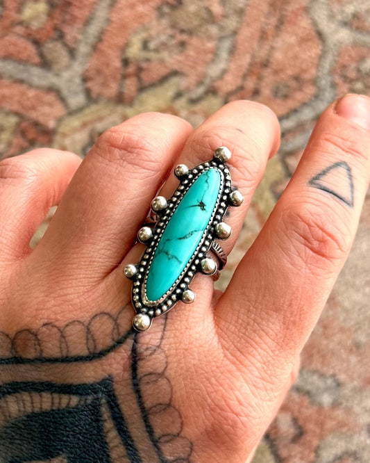 Turquoise Statement Ring – Size 8 – Handmade Sterling Silver Split Band