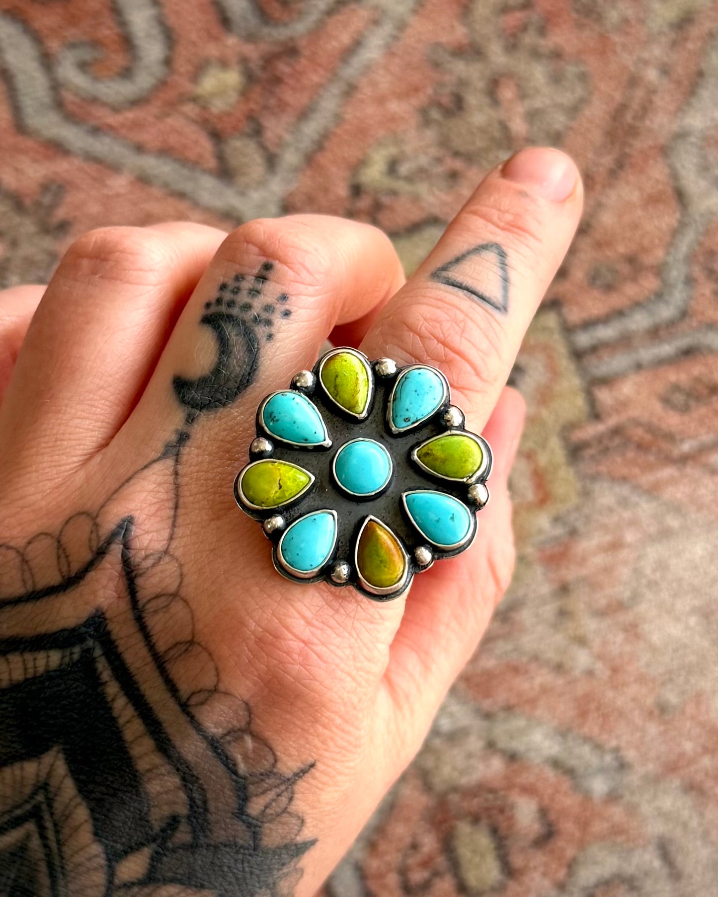 Turquoise & Variscite Cluster Ring – Size 9.5 – Handmade Sterling Silver Statement Ring
