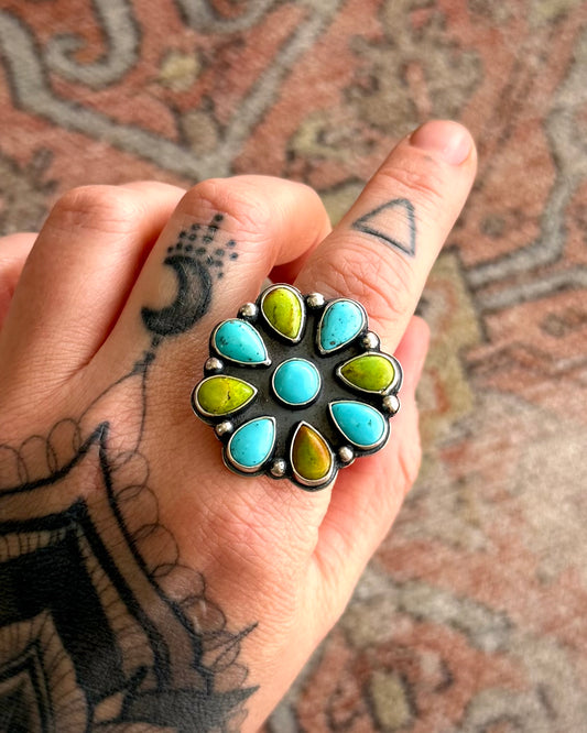 Turquoise & Variscite Cluster Ring – Size 9.5 – Handmade Sterling Silver Statement Ring