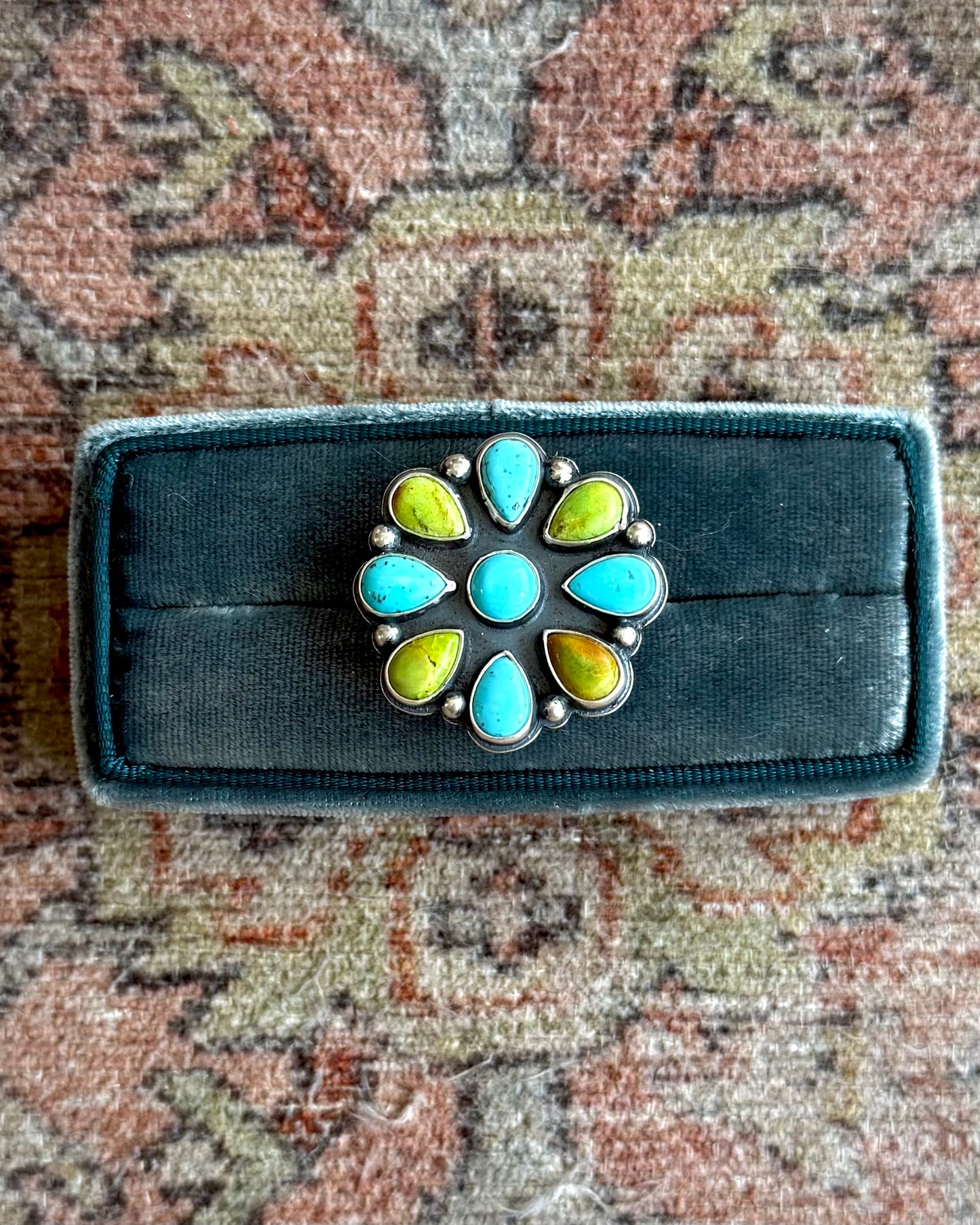 Turquoise & Variscite Cluster Ring – Size 9.5 – Handmade Sterling Silver Statement Ring