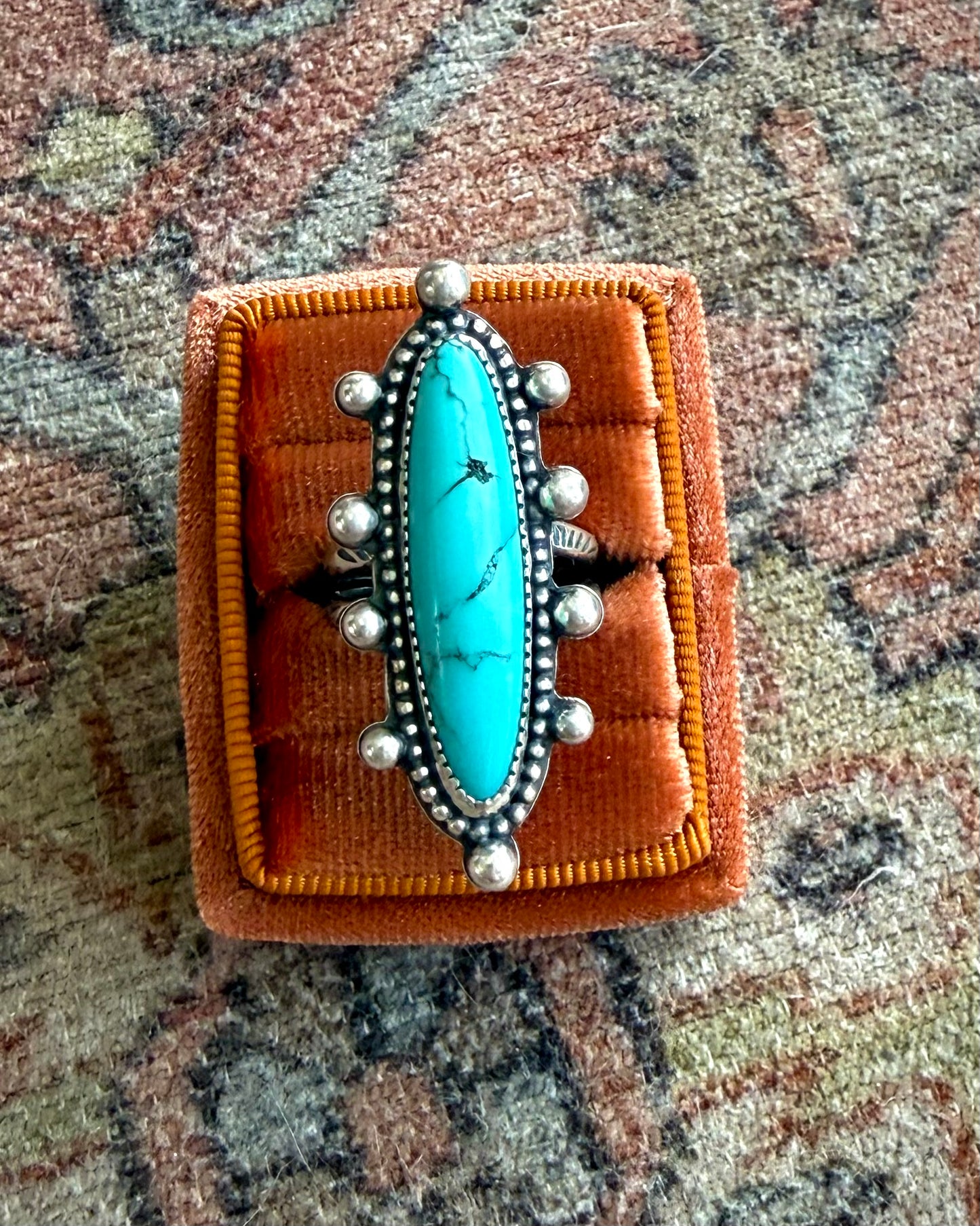 Turquoise Statement Ring – Size 8 – Handmade Sterling Silver Split Band