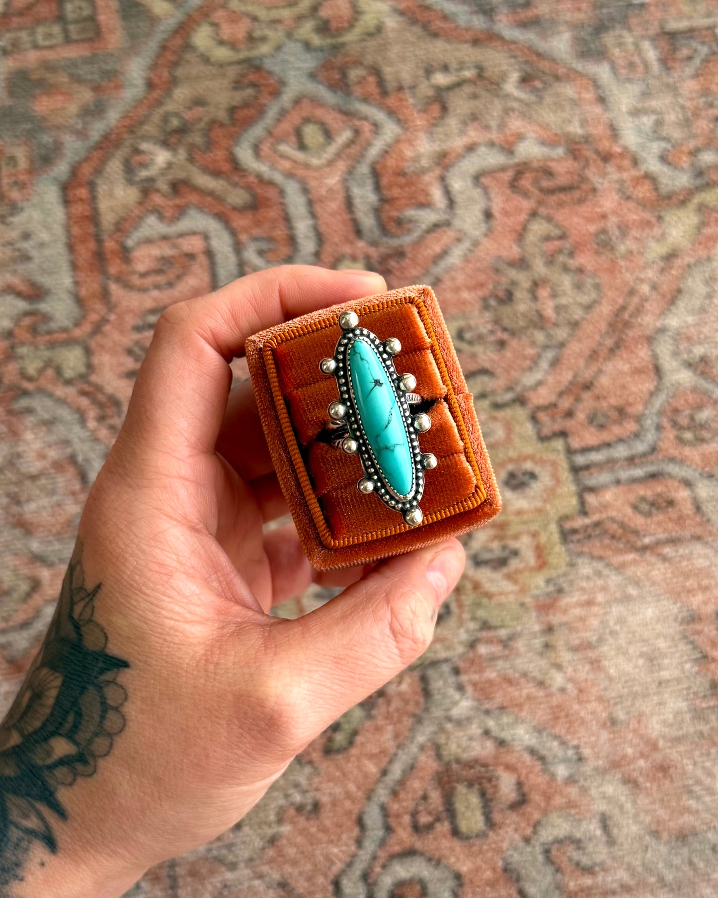 Turquoise Statement Ring – Size 8 – Handmade Sterling Silver Split Band
