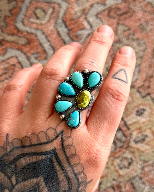 Turquoise & Variscite Flower Statement Ring — Made to Order — Sterling Silver