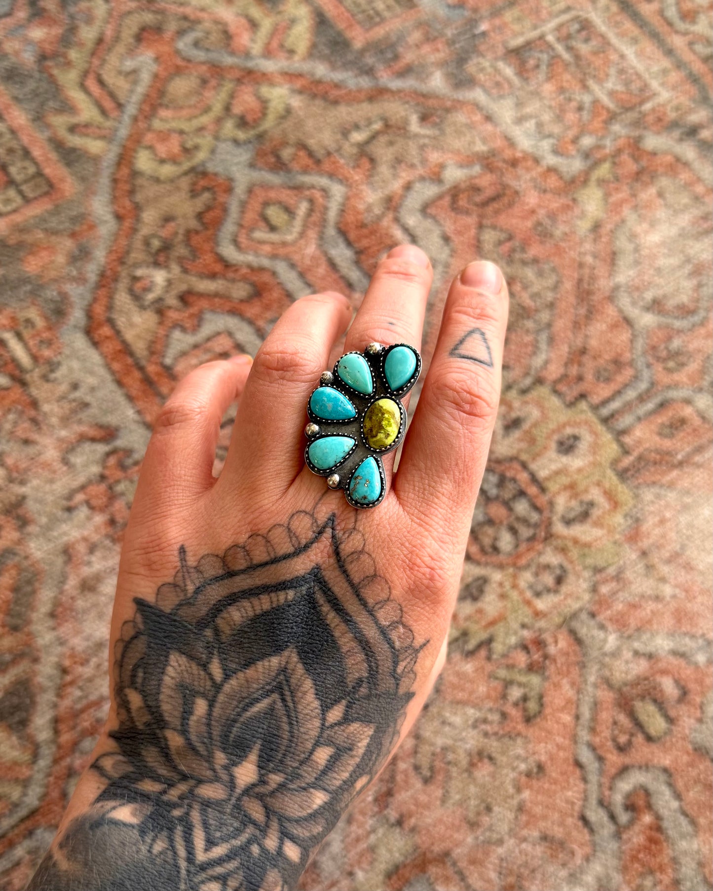 Turquoise & Variscite Flower Statement Ring — Made to Order — Sterling Silver