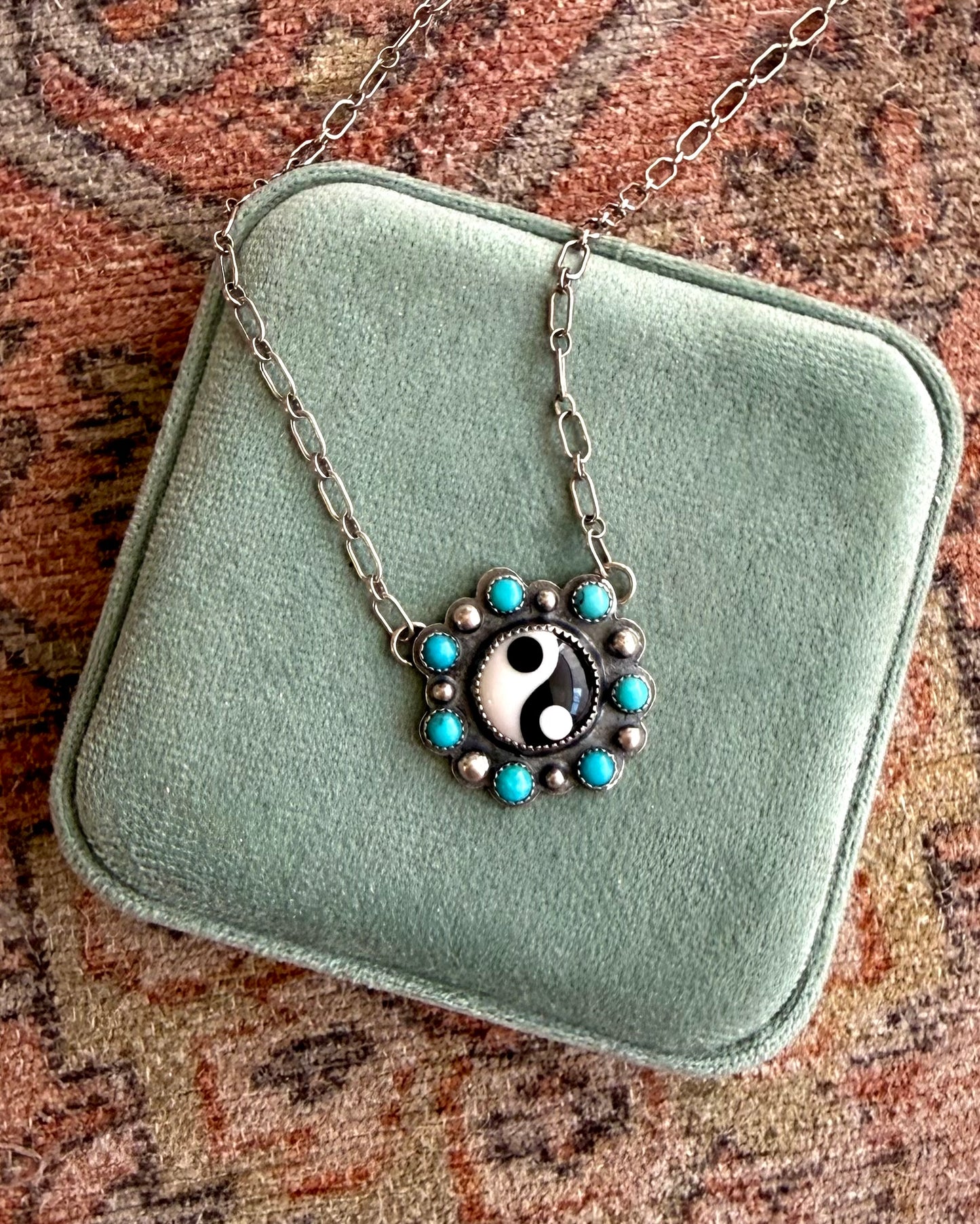 Yin Yang & Lone Mountain Turquoise Necklace — 20” Sterling Silver