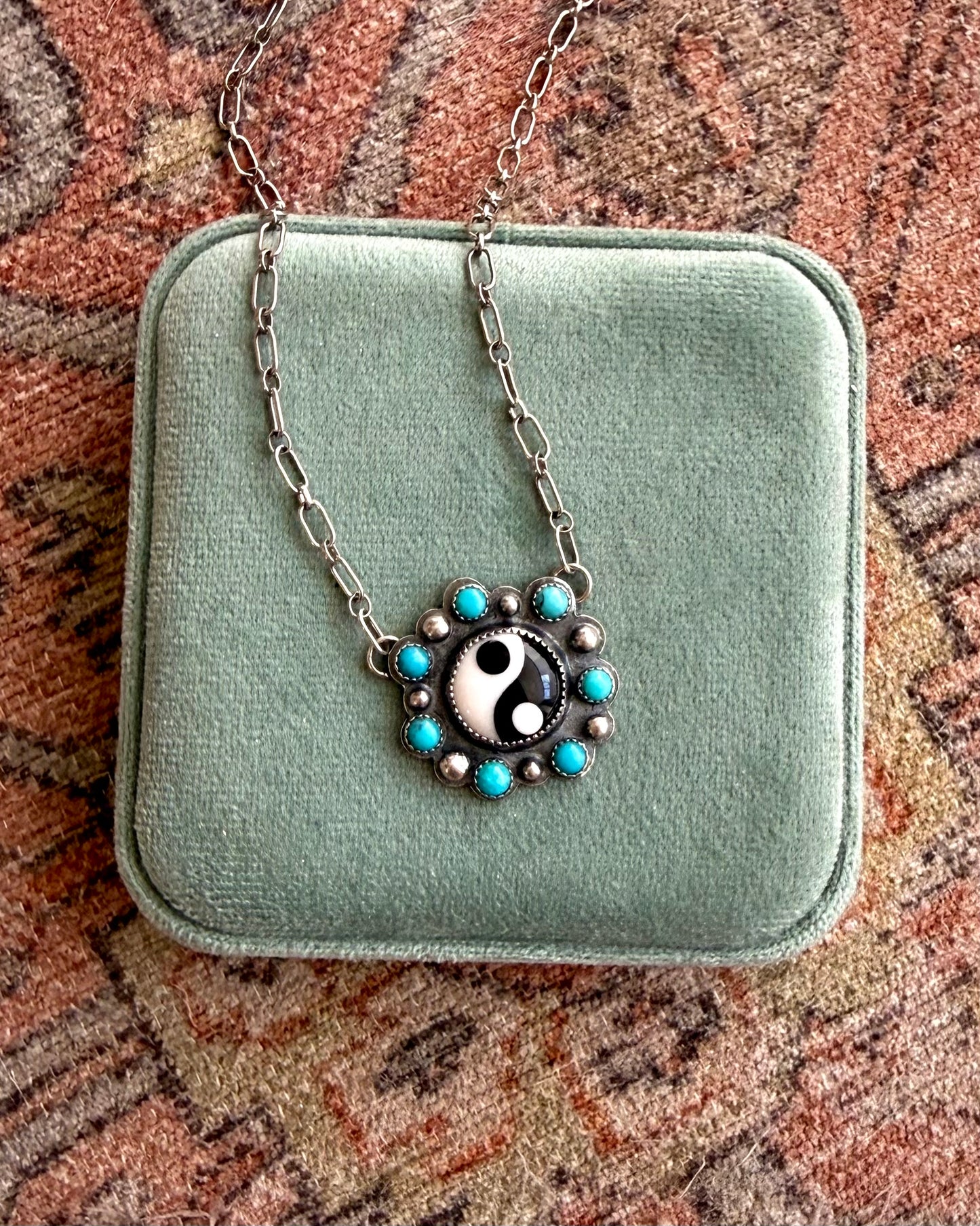 Yin Yang & Lone Mountain Turquoise Necklace — 20” Sterling Silver