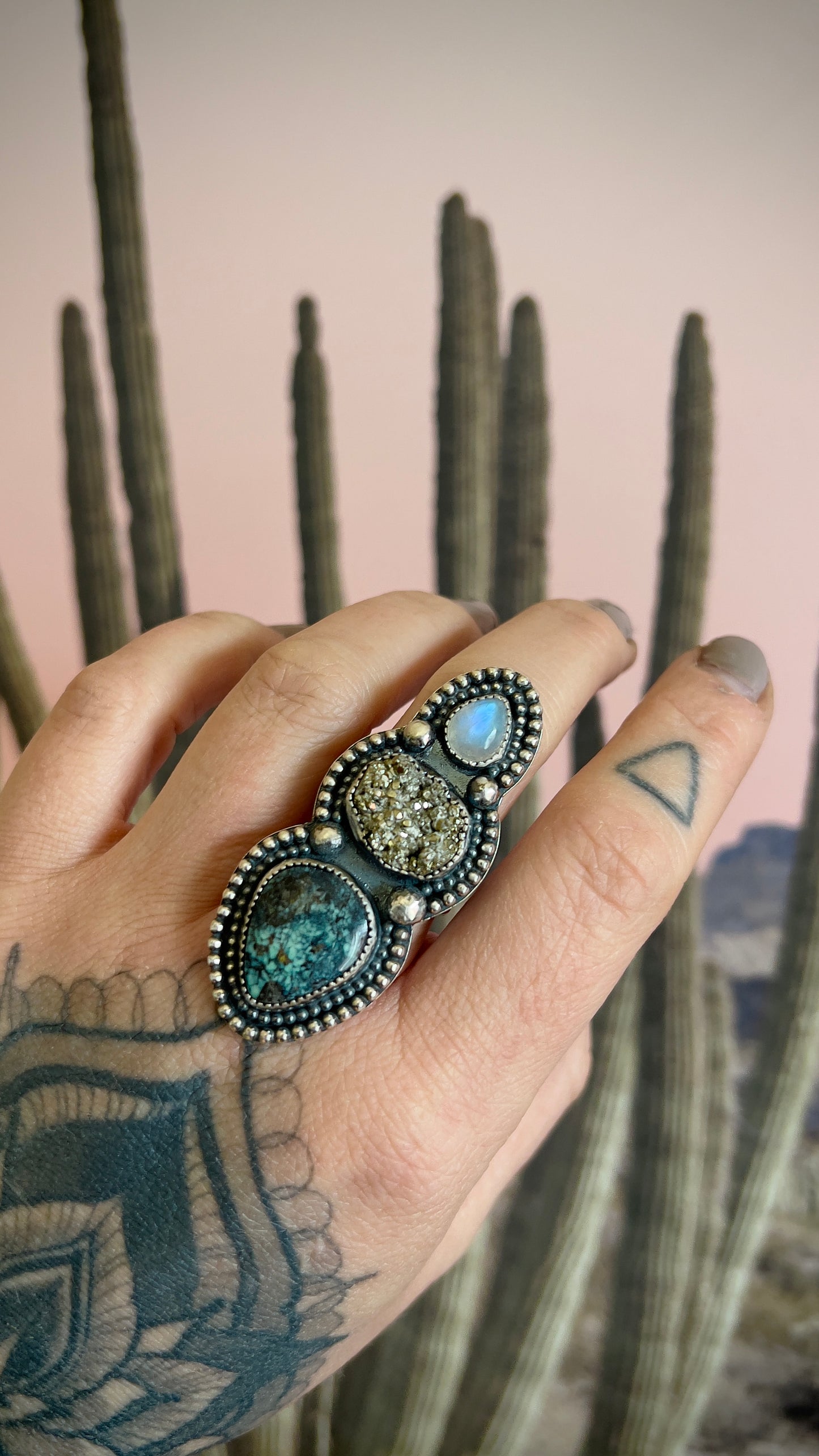 Fox Turquoise, Pyrite, & Moonstone Ring | Size 8.5