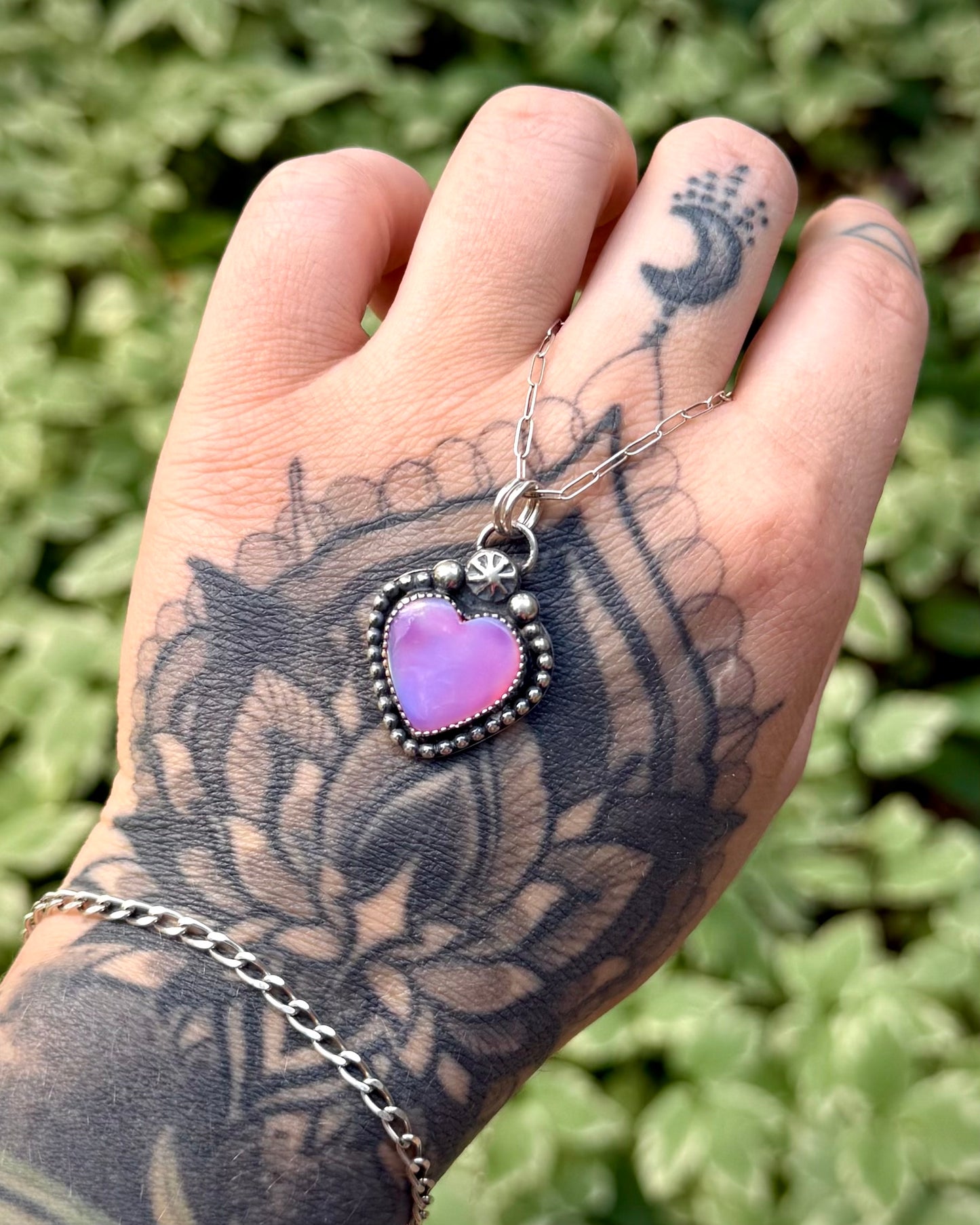 Aurora Opal Heart Necklace — .925 Sterling Silver, 18” Link Chain