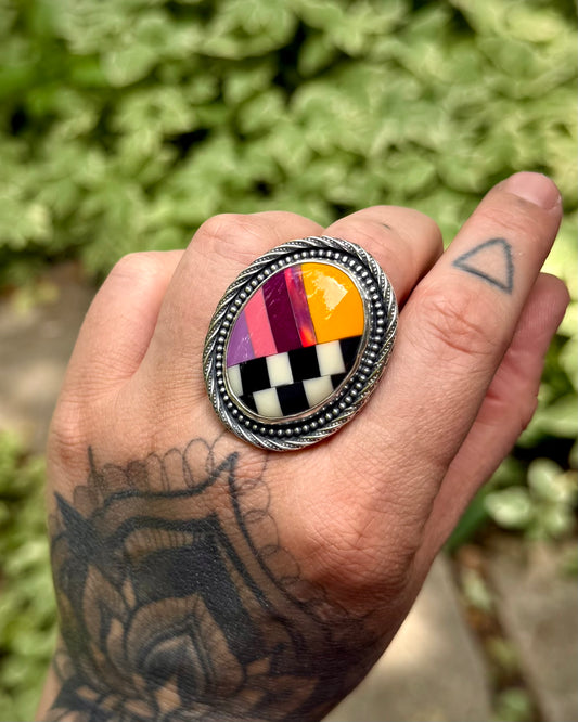 Upcycled Pool Ball Core + Aurora Opal Statement Ring — Size 8
