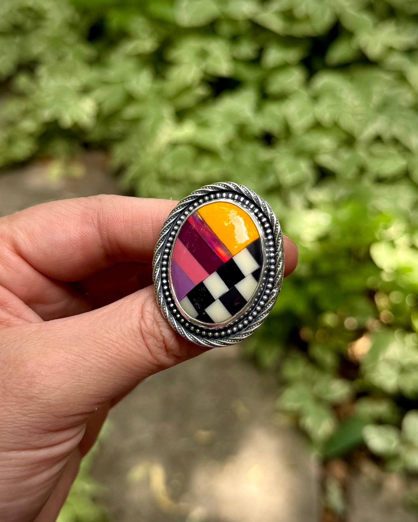 Upcycled Pool Ball Core + Aurora Opal Statement Ring — Size 8
