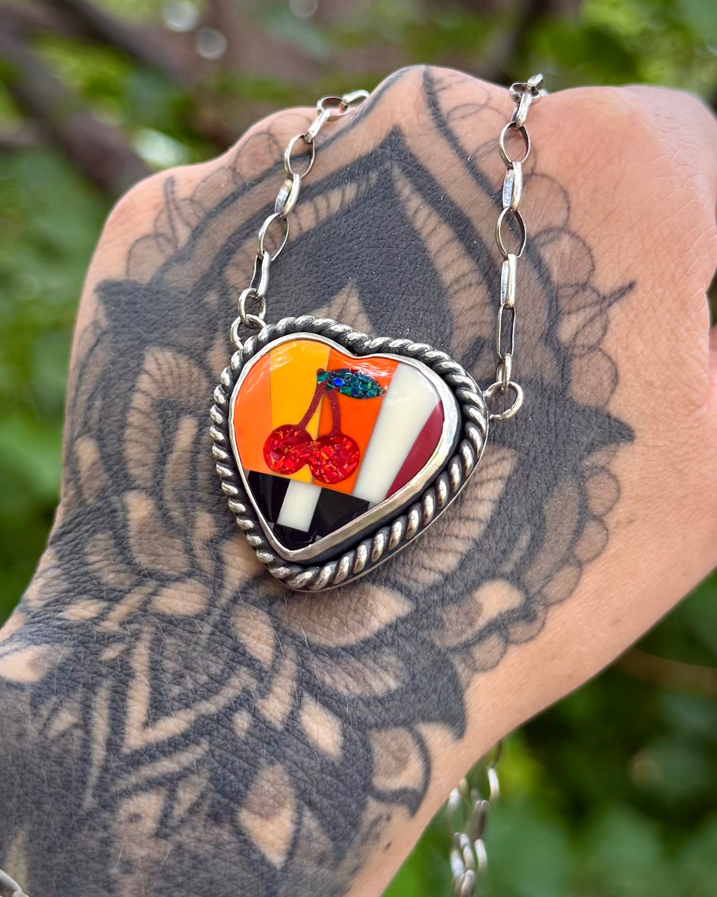 Upcycled Pool Ball Core Cherry Heart Necklace — .925 Sterling Silver
