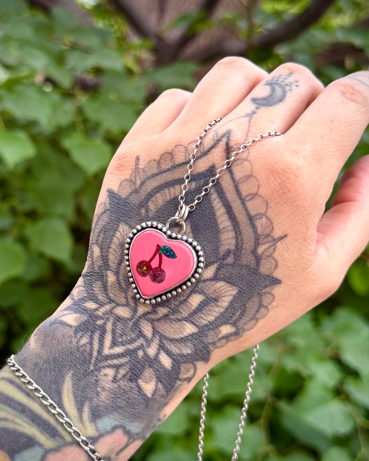 Pink Cherry Heart Pendant — .925 Sterling Silver (Pendant Only)