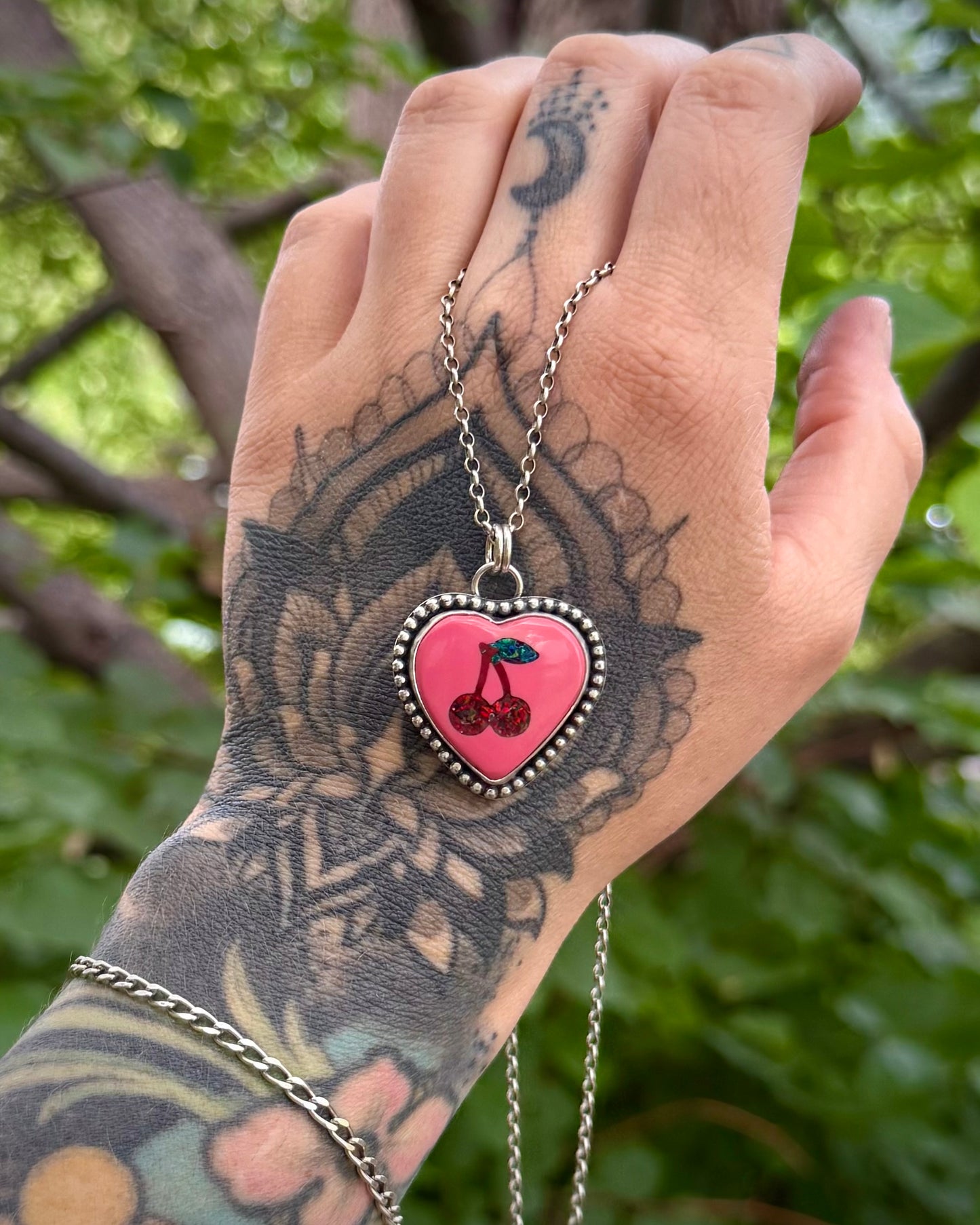 Pink Cherry Heart Pendant — .925 Sterling Silver (Pendant Only)