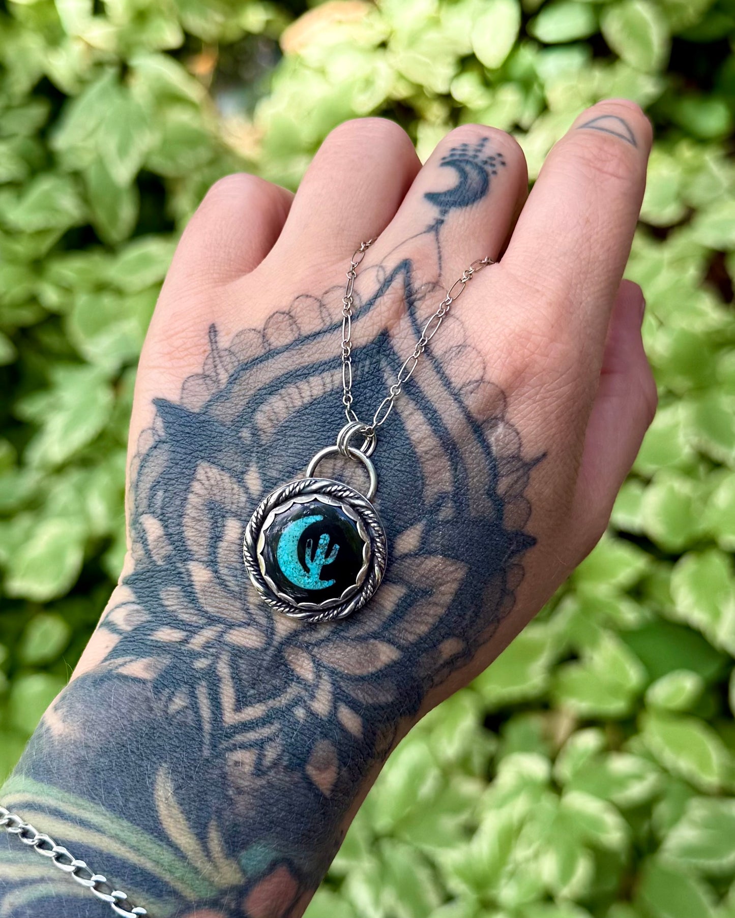 Upcycled Billiard & Turquoise Cactus Moon Pendant Necklace