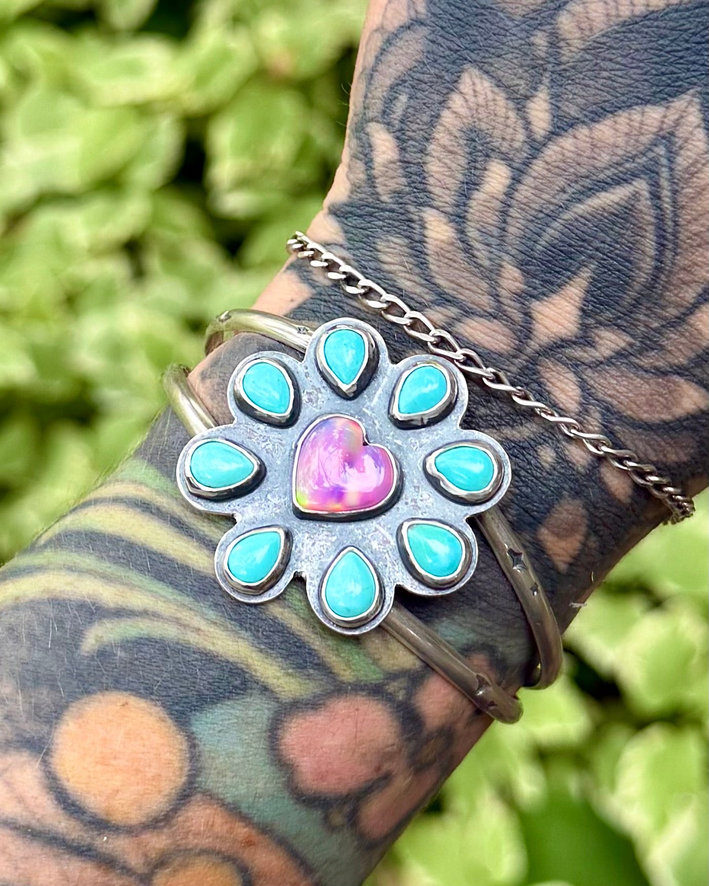 Kingman Turquoise & Aurora Opal Heart Bracelet