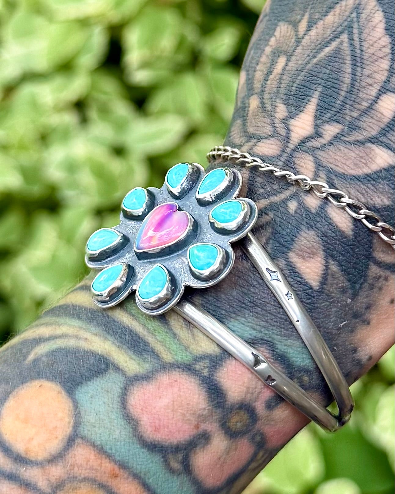 Kingman Turquoise & Aurora Opal Heart Bracelet