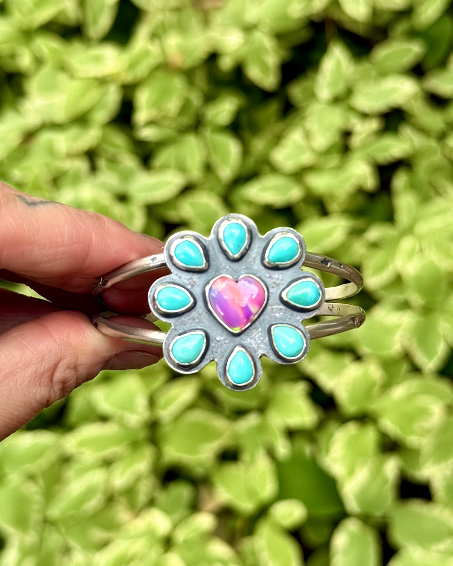 Kingman Turquoise & Aurora Opal Heart Bracelet