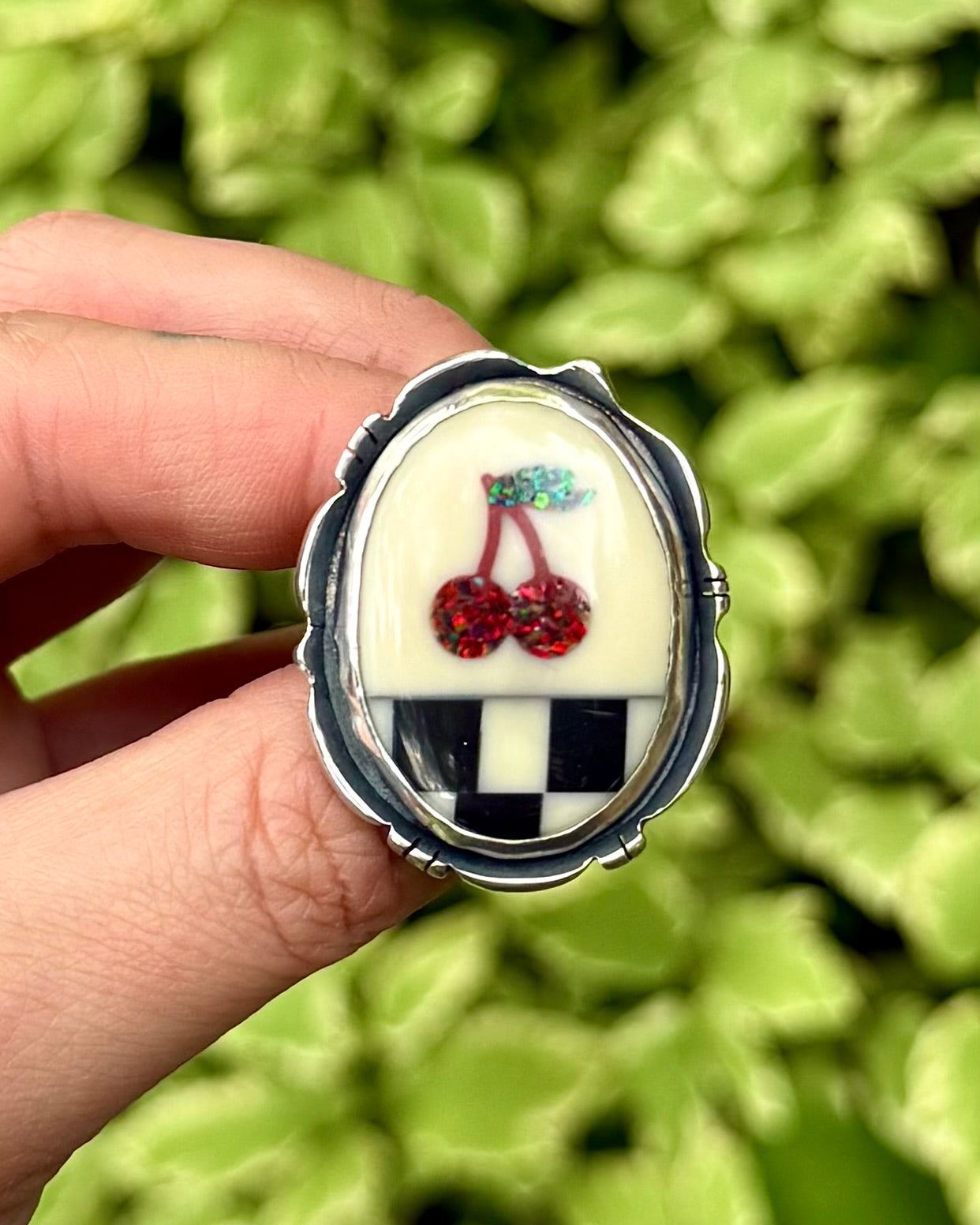 Aurora Opal Cherry Checkerboard Statement Ring