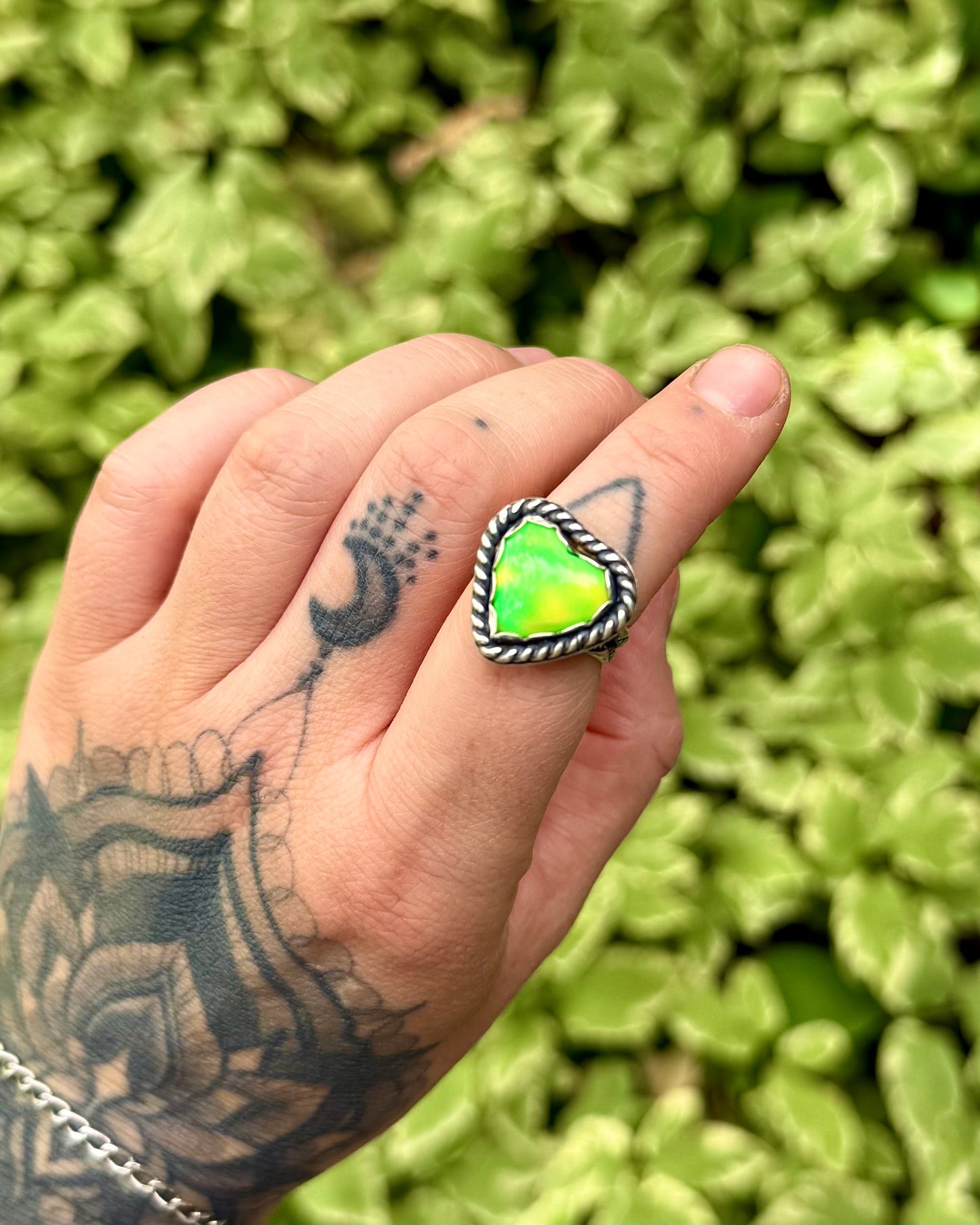 Green Aurora Opal Heart Ring - Size 7
